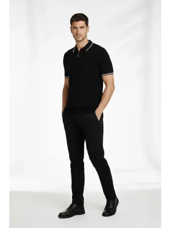 Erkek Fermuarlı Yaka Fitilli Triko Kısa Kollu Regular Fit Tişört T-shirt - Siyah