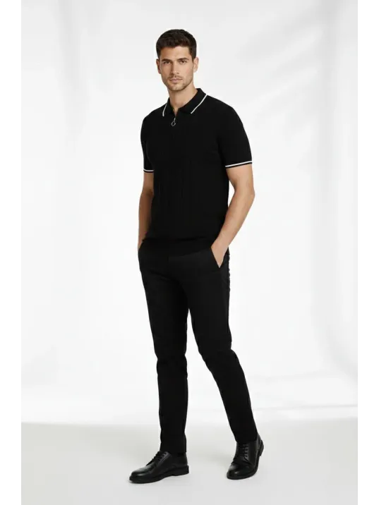 Erkek Fermuarlı Yaka Fitilli Triko Kısa Kollu Regular Fit Tişört T-shirt - Siyah