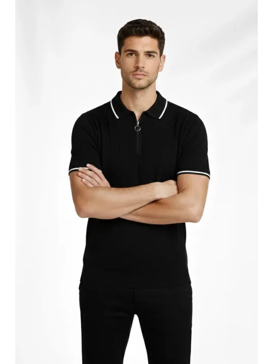 Erkek Fermuarlı Yaka Fitilli Triko Kısa Kollu Regular Fit Tişört T-shirt - Siyah