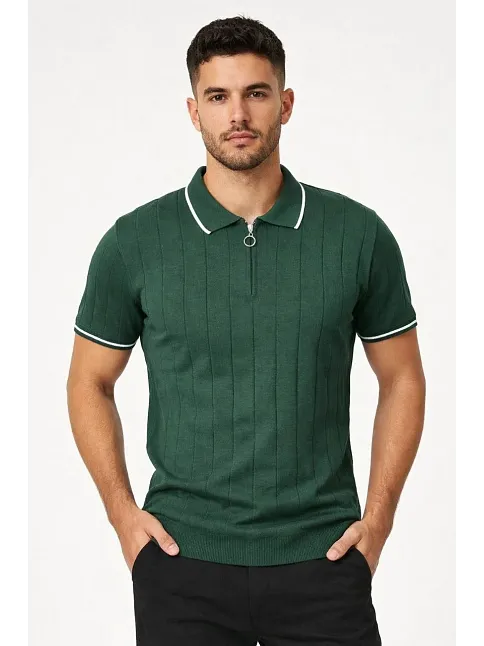 Erkek Fermuarlı Yaka Fitilli Triko Kısa Kollu Regular Fit Tişört T-shirt - Yeşil Erkek Fermuarlı Yaka Fitilli Triko Kısa Kollu Regular Fit Tişört T-shirt - Yeşil