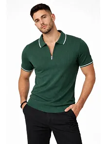 Erkek Fermuarlı Yaka Fitilli Triko Kısa Kollu Regular Fit Tişört T-shirt - Yeşil