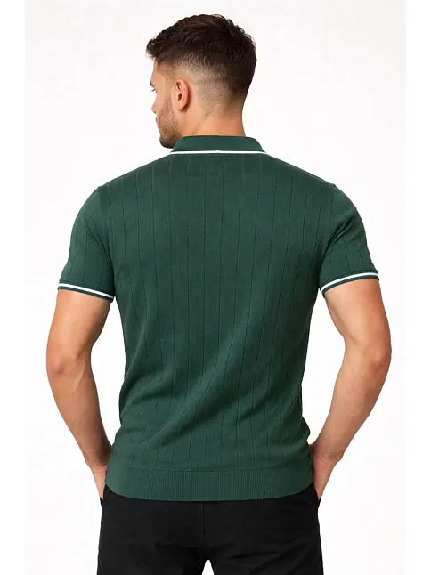 Erkek Fermuarlı Yaka Fitilli Triko Kısa Kollu Regular Fit Tişört T-shirt - Yeşil Erkek Fermuarlı Yaka Fitilli Triko Kısa Kollu Regular Fit Tişört T-shirt - Yeşil