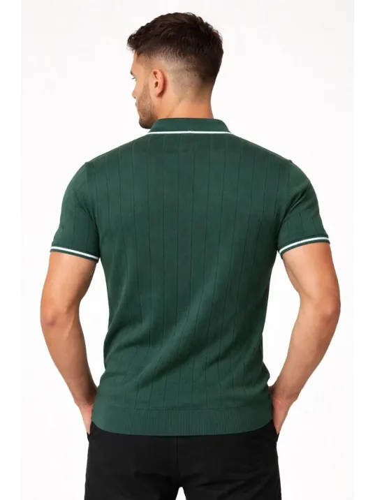 Erkek Fermuarlı Yaka Fitilli Triko Kısa Kollu Regular Fit Tişört T-shirt - Yeşil