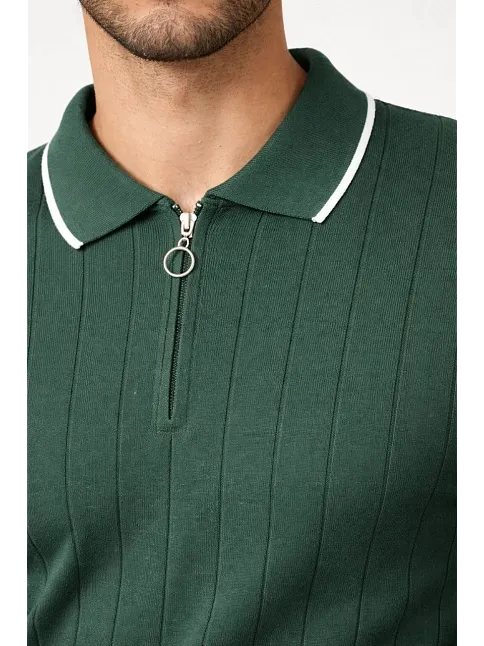 Erkek Fermuarlı Yaka Fitilli Triko Kısa Kollu Regular Fit Tişört T-shirt - Yeşil Erkek Fermuarlı Yaka Fitilli Triko Kısa Kollu Regular Fit Tişört T-shirt - Yeşil