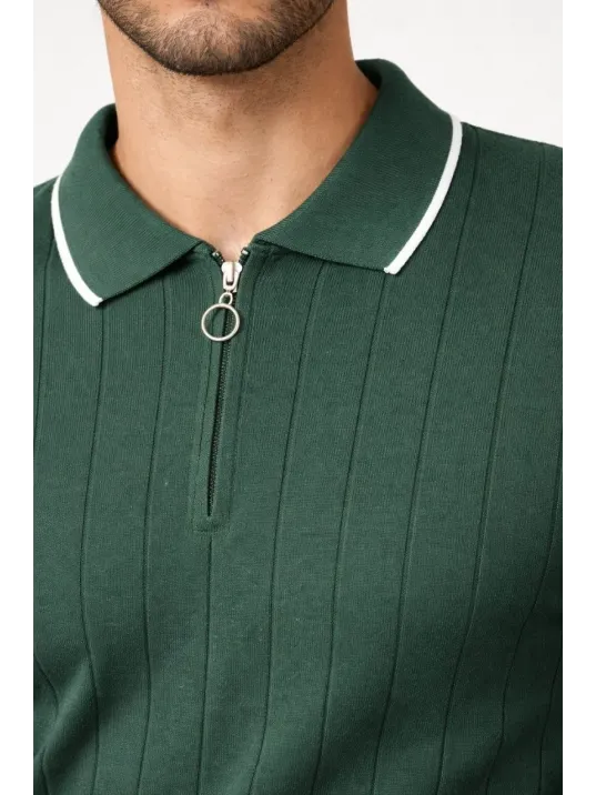 Erkek Fermuarlı Yaka Fitilli Triko Kısa Kollu Regular Fit Tişört T-shirt - Yeşil