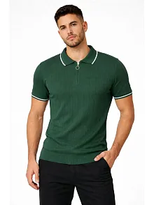 Erkek Fermuarlı Yaka Fitilli Triko Kısa Kollu Regular Fit Tişört T-shirt - Yeşil