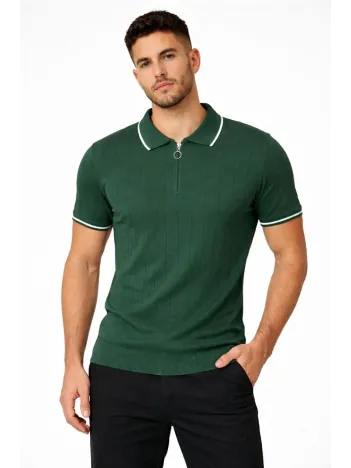 Erkek Fermuarlı Yaka Fitilli Triko Kısa Kollu Regular Fit Tişört T-shirt - Yeşil