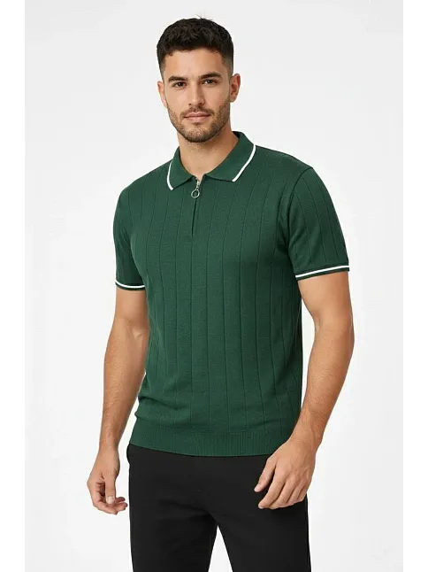 Erkek Fermuarlı Yaka Fitilli Triko Kısa Kollu Regular Fit Tişört T-shirt - Yeşil Erkek Fermuarlı Yaka Fitilli Triko Kısa Kollu Regular Fit Tişört T-shirt - Yeşil