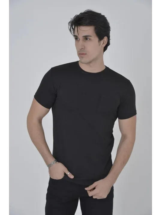 Erkek File Cepli Slim fit T-shirt - Siyah