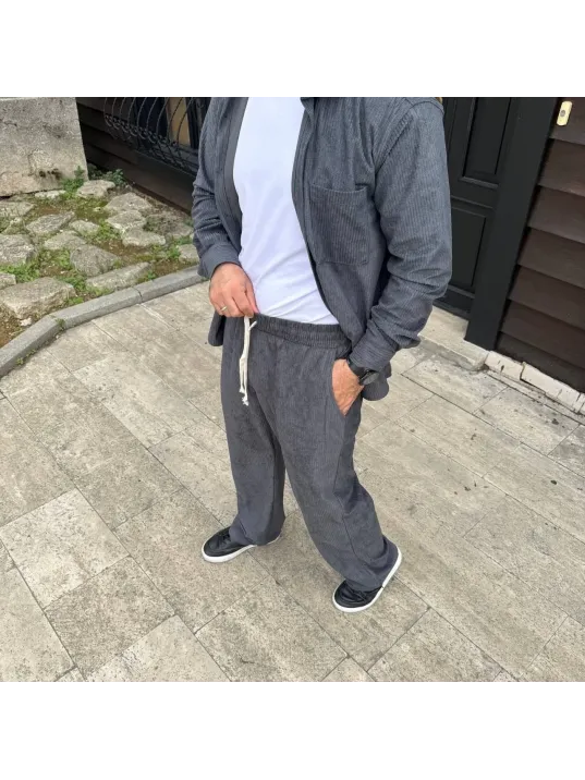 Erkek Fitilli Kadife Cepli Buggy Pantolon Oversize Rahat Kalıp - Füme Erkek Fitilli Kadife Cepli Buggy Pantolon Oversize Rahat Kalıp - Füme