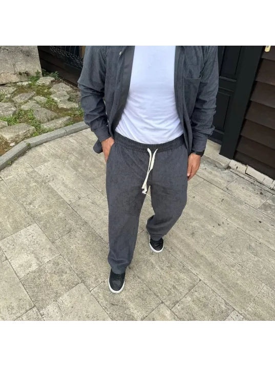 Erkek Fitilli Kadife Cepli Buggy Pantolon Oversize Rahat Kalıp - Füme Erkek Fitilli Kadife Cepli Buggy Pantolon Oversize Rahat Kalıp - Füme