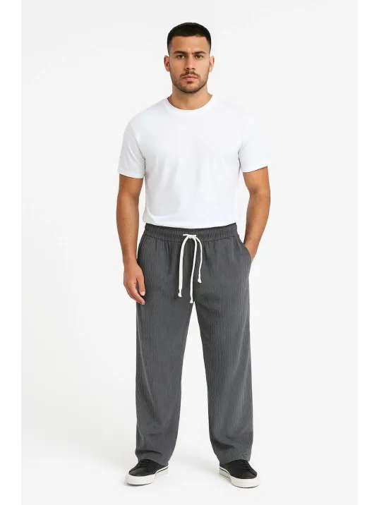 Erkek Fitilli Kadife Cepli Buggy Pantolon Oversize Rahat Kalıp - Füme Erkek Fitilli Kadife Cepli Buggy Pantolon Oversize Rahat Kalıp - Füme