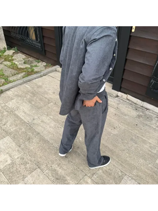 Erkek Fitilli Kadife Cepli Buggy Pantolon Oversize Rahat Kalıp - Füme Erkek Fitilli Kadife Cepli Buggy Pantolon Oversize Rahat Kalıp - Füme