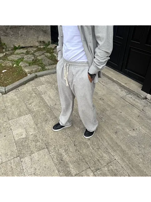 Erkek Fitilli Kadife Cepli Buggy Pantolon Oversize Rahat Kalıp - Gri