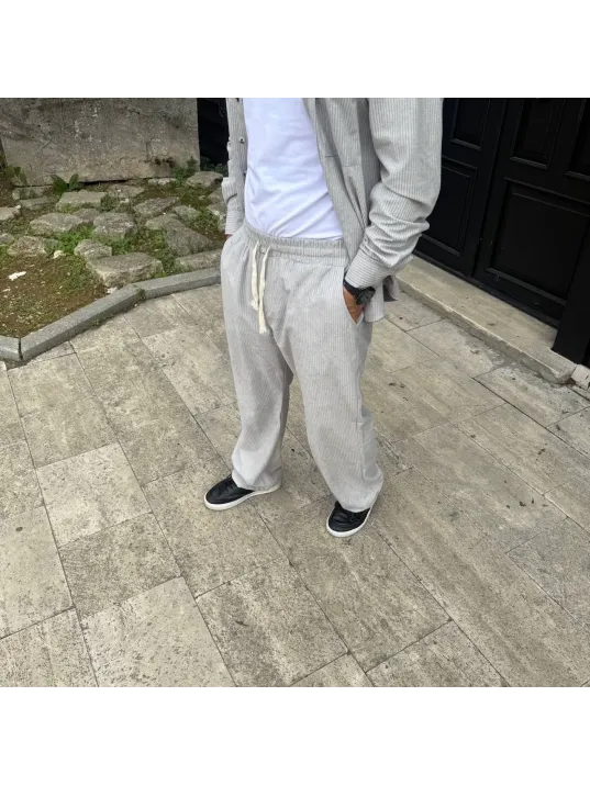 Erkek Fitilli Kadife Cepli Buggy Pantolon Oversize Rahat Kalıp - Gri Erkek Fitilli Kadife Cepli Buggy Pantolon Oversize Rahat Kalıp - Gri
