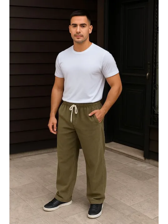 Erkek Fitilli Kadife Cepli Buggy Pantolon Oversize Rahat Kalıp - Haki Erkek Fitilli Kadife Cepli Buggy Pantolon Oversize Rahat Kalıp - Haki