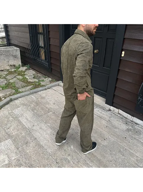 Erkek Fitilli Kadife Cepli Buggy Pantolon Oversize Rahat Kalıp - Haki