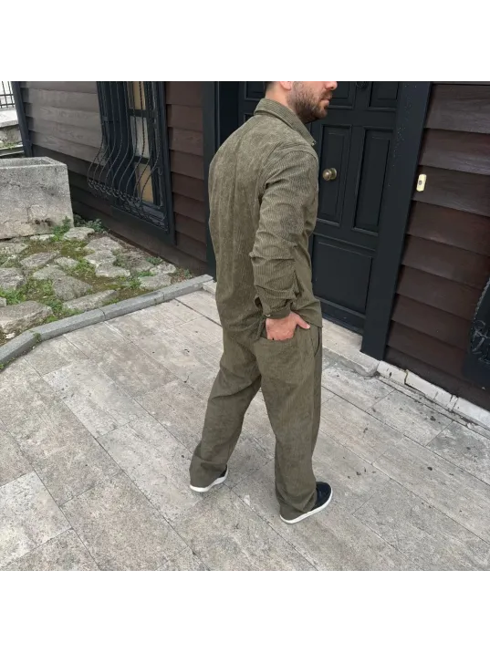 Erkek Fitilli Kadife Cepli Buggy Pantolon Oversize Rahat Kalıp - Haki Erkek Fitilli Kadife Cepli Buggy Pantolon Oversize Rahat Kalıp - Haki