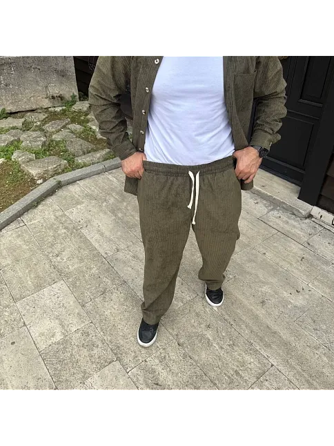 Erkek Fitilli Kadife Cepli Buggy Pantolon Oversize Rahat Kalıp - Haki
