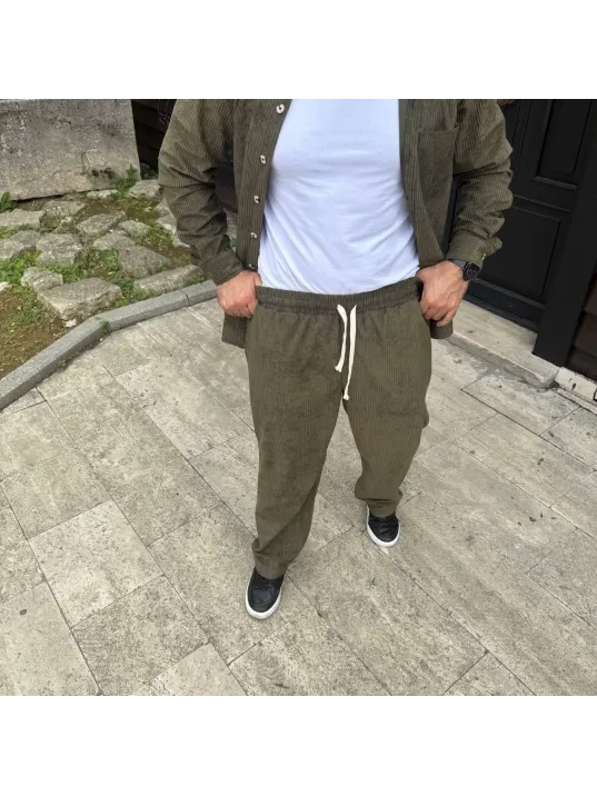 Erkek Fitilli Kadife Cepli Buggy Pantolon Oversize Rahat Kalıp - Haki Erkek Fitilli Kadife Cepli Buggy Pantolon Oversize Rahat Kalıp - Haki
