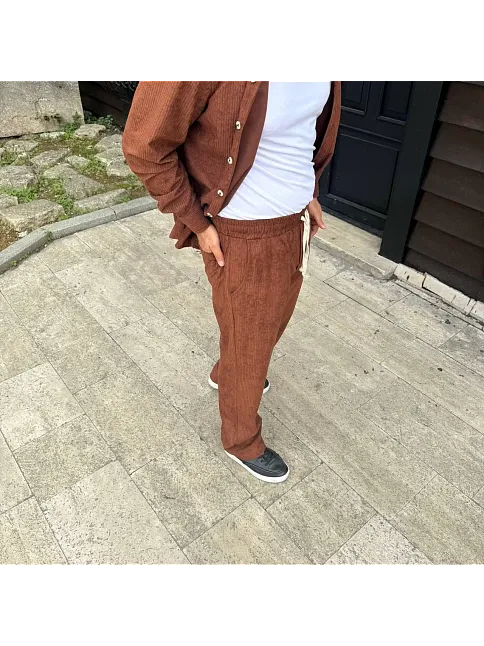 Erkek Fitilli Kadife Cepli Buggy Pantolon Oversize Rahat Kalıp - Kahverengi