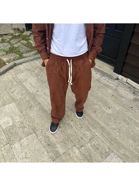 Erkek Fitilli Kadife Cepli Buggy Pantolon Oversize Rahat Kalıp - Kahverengi
