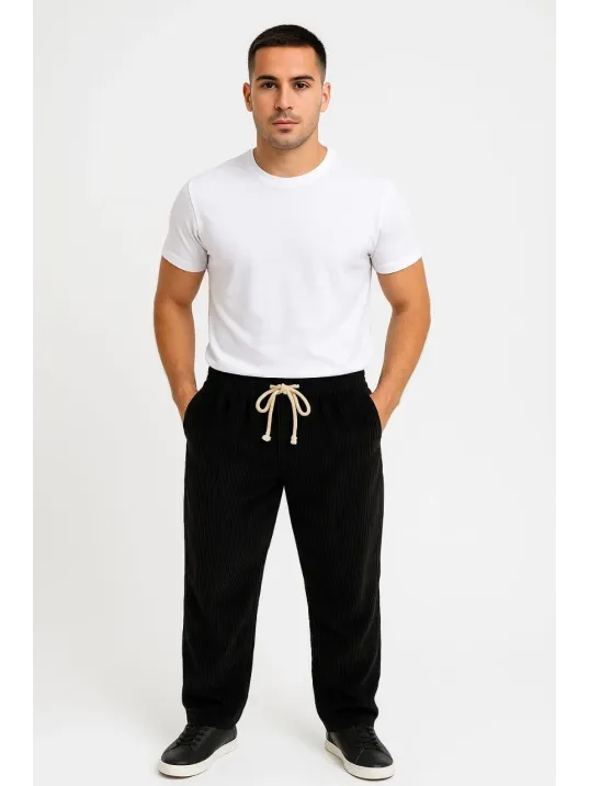 Erkek Fitilli Kadife Cepli Buggy Pantolon Oversize Rahat Kalıp - Siyah Erkek Fitilli Kadife Cepli Buggy Pantolon Oversize Rahat Kalıp - Siyah