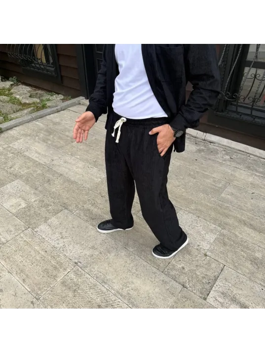Erkek Fitilli Kadife Cepli Buggy Pantolon Oversize Rahat Kalıp - Siyah Erkek Fitilli Kadife Cepli Buggy Pantolon Oversize Rahat Kalıp - Siyah