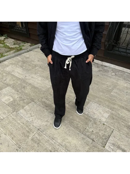 Erkek Fitilli Kadife Cepli Buggy Pantolon Oversize Rahat Kalıp - Siyah Erkek Fitilli Kadife Cepli Buggy Pantolon Oversize Rahat Kalıp - Siyah