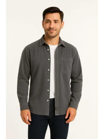 Erkek Fitilli Kadife Cepli Gömlek Oversize Rahat Kalıp - Füme