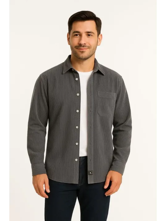Erkek Fitilli Kadife Cepli Gömlek Oversize Rahat Kalıp - Füme Erkek Fitilli Kadife Cepli Gömlek Oversize Rahat Kalıp - Füme