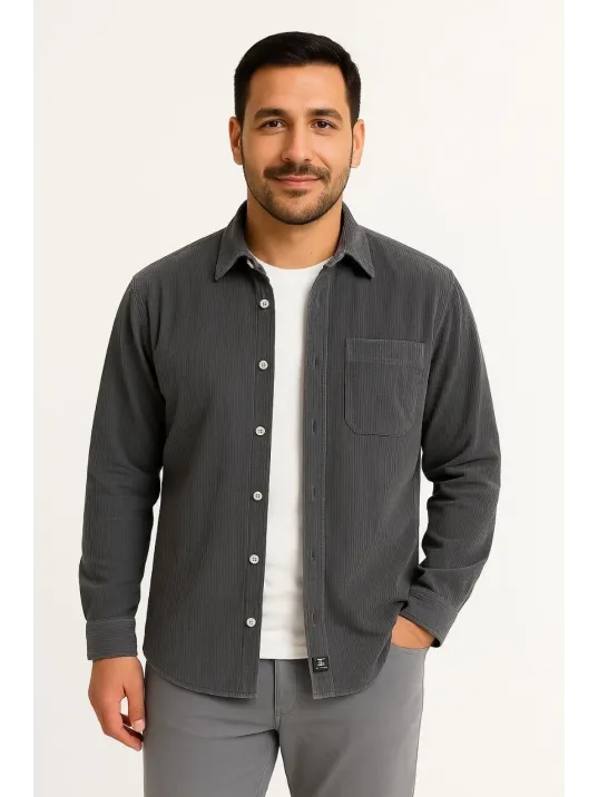 Erkek Fitilli Kadife Cepli Gömlek Oversize Rahat Kalıp - Füme Erkek Fitilli Kadife Cepli Gömlek Oversize Rahat Kalıp - Füme