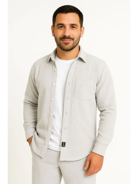 Erkek Fitilli Kadife Cepli Gömlek Oversize Rahat Kalıp - Gri Erkek Fitilli Kadife Cepli Gömlek Oversize Rahat Kalıp - Gri