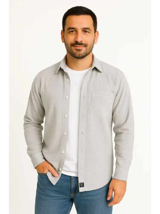 Erkek Fitilli Kadife Cepli Gömlek Oversize Rahat Kalıp - Gri Erkek Fitilli Kadife Cepli Gömlek Oversize Rahat Kalıp - Gri