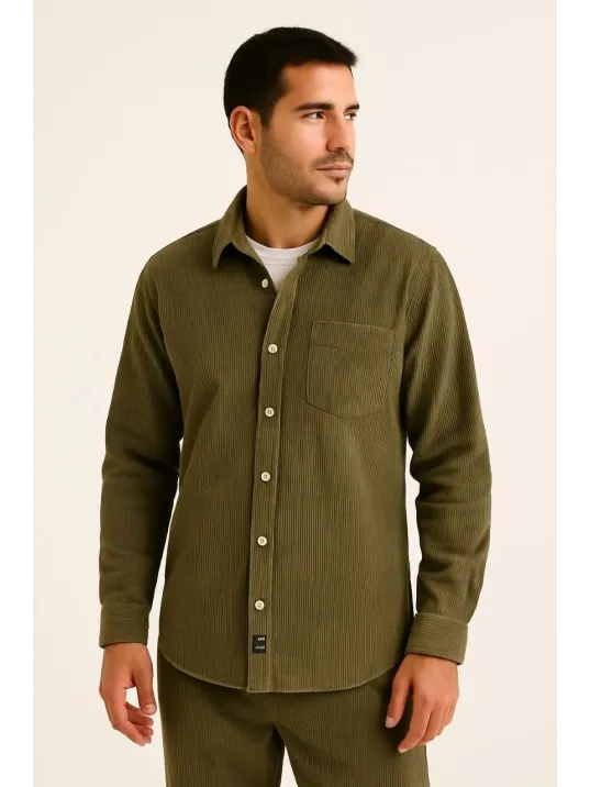 Erkek Fitilli Kadife Cepli Gömlek Oversize Rahat Kalıp - Haki Erkek Fitilli Kadife Cepli Gömlek Oversize Rahat Kalıp - Haki