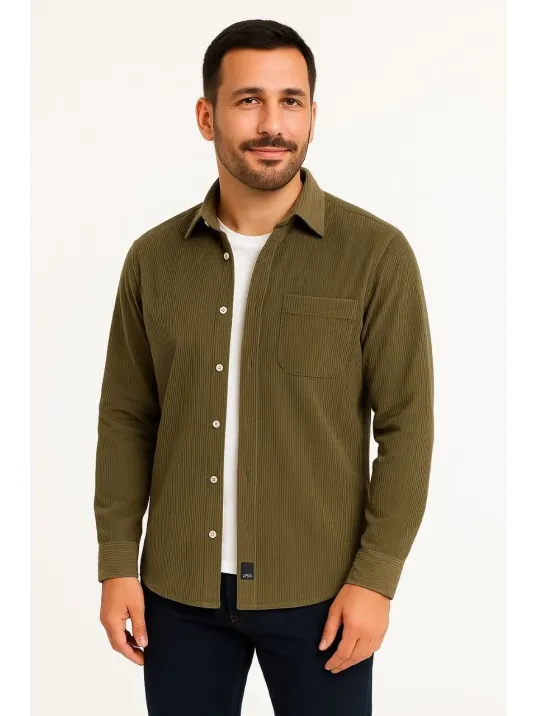 Erkek Fitilli Kadife Cepli Gömlek Oversize Rahat Kalıp - Haki Erkek Fitilli Kadife Cepli Gömlek Oversize Rahat Kalıp - Haki