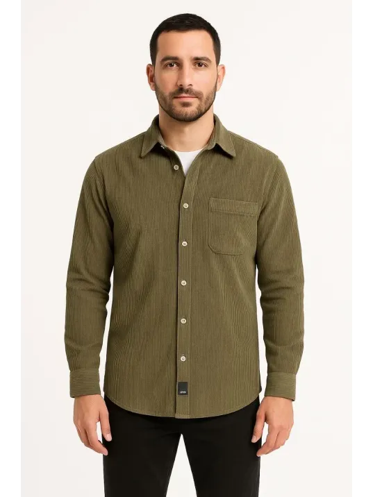 Erkek Fitilli Kadife Cepli Gömlek Oversize Rahat Kalıp - Haki Erkek Fitilli Kadife Cepli Gömlek Oversize Rahat Kalıp - Haki