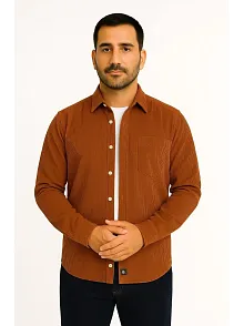 Erkek Fitilli Kadife Cepli Gömlek Oversize Rahat Kalıp - Kahverengi
