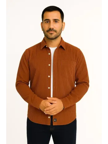 Erkek Fitilli Kadife Cepli Gömlek Oversize Rahat Kalıp - Kahverengi Erkek Fitilli Kadife Cepli Gömlek Oversize Rahat Kalıp - Kahverengi