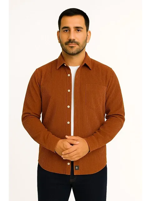 Erkek Fitilli Kadife Cepli Gömlek Oversize Rahat Kalıp - Kahverengi