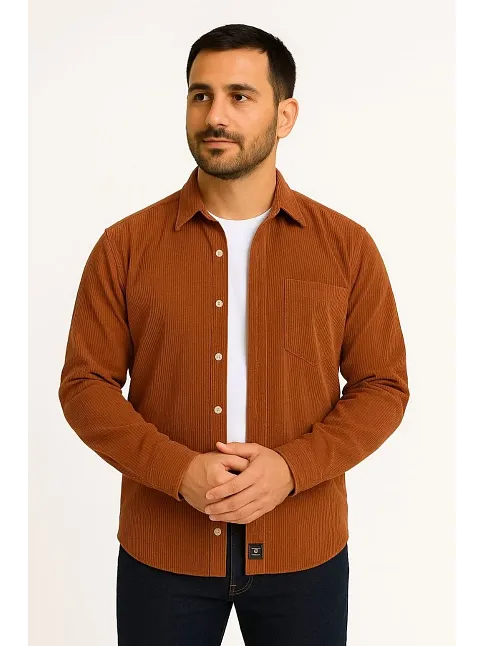 Erkek Fitilli Kadife Cepli Gömlek Oversize Rahat Kalıp - Kahverengi