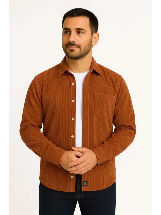 Erkek Fitilli Kadife Cepli Gömlek Oversize Rahat Kalıp - Kahverengi Erkek Fitilli Kadife Cepli Gömlek Oversize Rahat Kalıp - Kahverengi