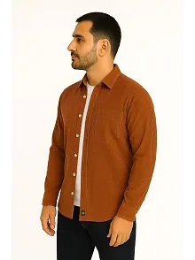 Erkek Fitilli Kadife Cepli Gömlek Oversize Rahat Kalıp - Kahverengi