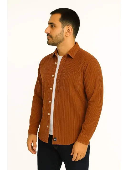 Erkek Fitilli Kadife Cepli Gömlek Oversize Rahat Kalıp - Kahverengi Erkek Fitilli Kadife Cepli Gömlek Oversize Rahat Kalıp - Kahverengi