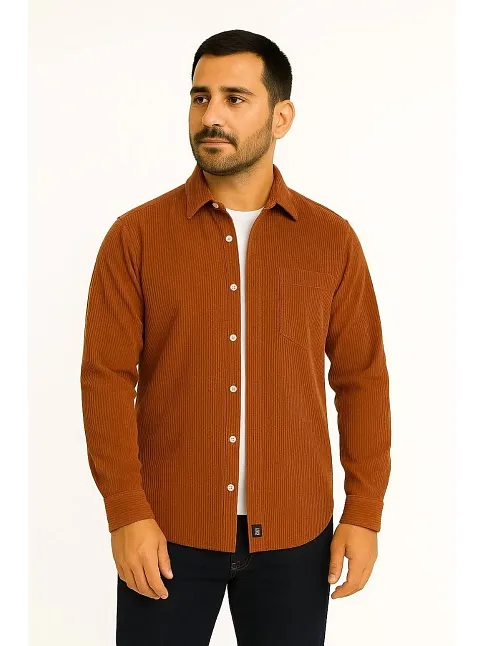 Erkek Fitilli Kadife Cepli Gömlek Oversize Rahat Kalıp - Kahverengi
