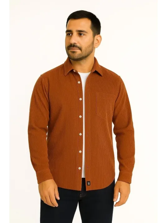 Erkek Fitilli Kadife Cepli Gömlek Oversize Rahat Kalıp - Kahverengi Erkek Fitilli Kadife Cepli Gömlek Oversize Rahat Kalıp - Kahverengi