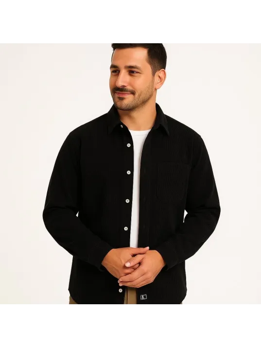 Erkek Fitilli Kadife Cepli Gömlek Oversize Rahat Kalıp - Siyah Erkek Fitilli Kadife Cepli Gömlek Oversize Rahat Kalıp - Siyah