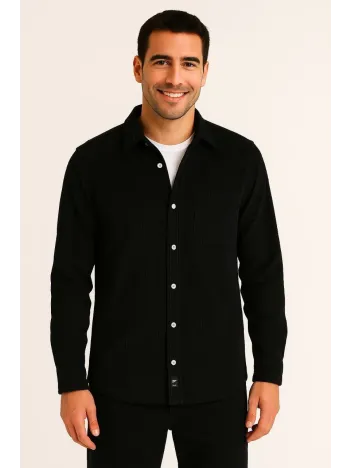 Erkek Fitilli Kadife Cepli Gömlek Oversize Rahat Kalıp - Siyah Erkek Fitilli Kadife Cepli Gömlek Oversize Rahat Kalıp - Siyah