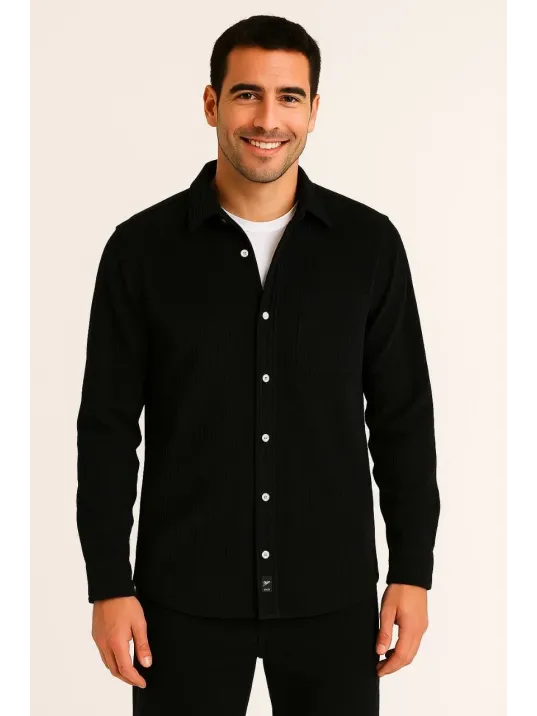 Erkek Fitilli Kadife Cepli Gömlek Oversize Rahat Kalıp - Siyah Erkek Fitilli Kadife Cepli Gömlek Oversize Rahat Kalıp - Siyah