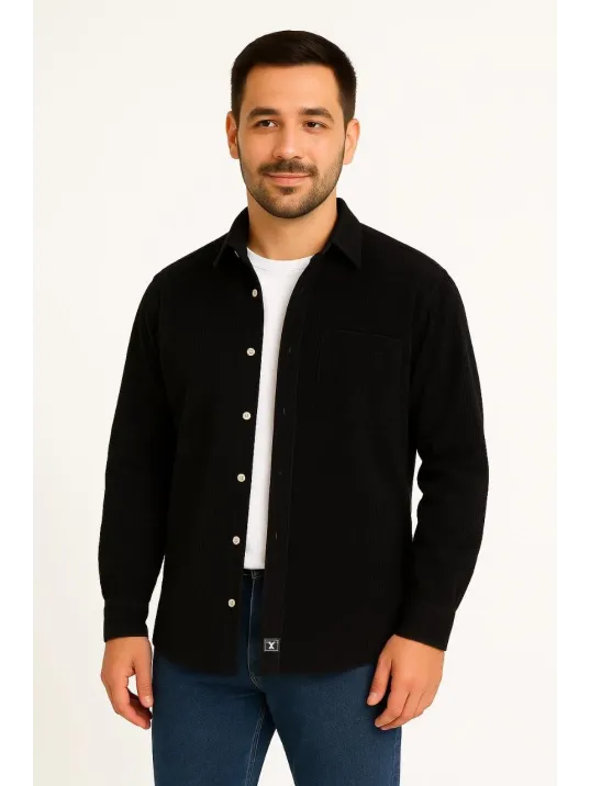 Erkek Fitilli Kadife Cepli Gömlek Oversize Rahat Kalıp - Siyah Erkek Fitilli Kadife Cepli Gömlek Oversize Rahat Kalıp - Siyah